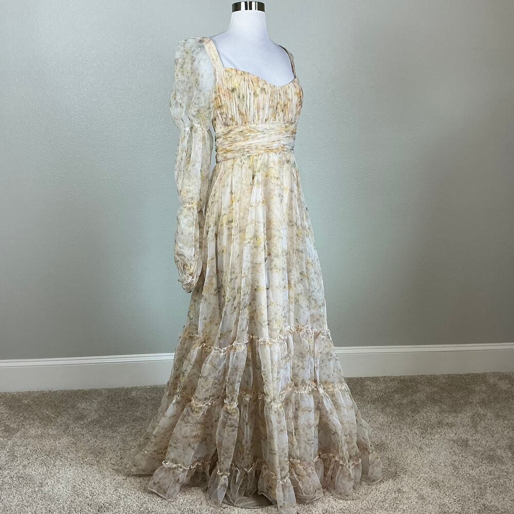 Mac Duggal 68288 Cream Evening Gown Floral Chiffon Long Sleeve Dress Size 10 - Picture 3 of 11